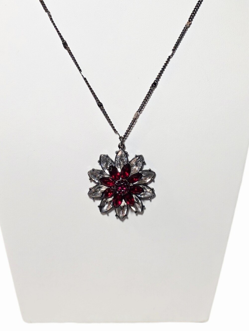 Red & Clear Crystal Rhinestone Flower Pendant Necklace on Gunmetel Chain